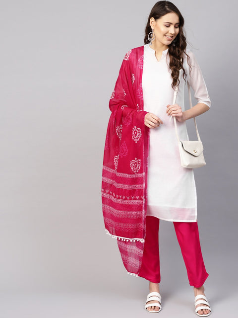 Women White & Pink Solid Kurta with Trousers & Dupatta