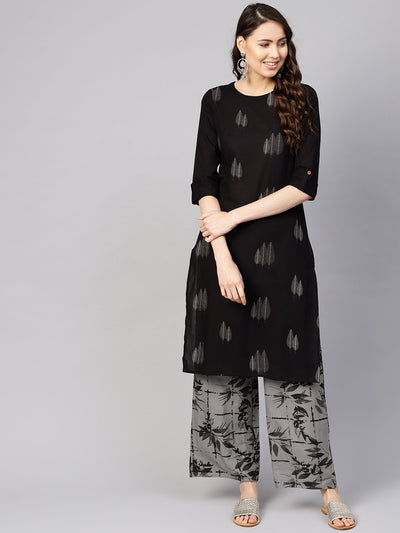 Women Black & Grey Printed Kurta with Trousers