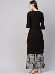Women Black & Grey Printed Kurta with Trousers