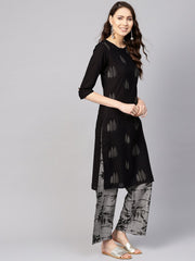 Women Black & Grey Printed Kurta with Trousers