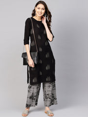 Women Black & Grey Printed Kurta with Trousers