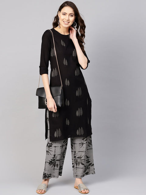 Women Black & Grey Printed Kurta with Trousers