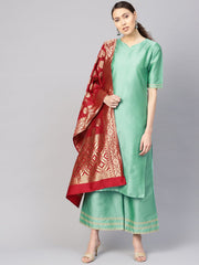 Women Sea Green & Maroon Solid Kurta with Palazzos & Dupatta