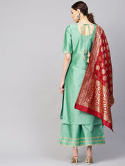 Women Sea Green & Maroon Solid Kurta with Palazzos & Dupatta