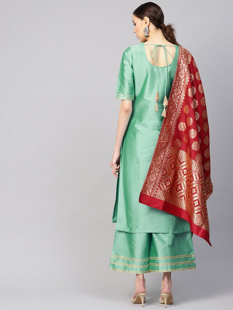Women Sea Green & Maroon Solid Kurta with Palazzos & Dupatta