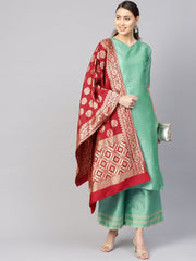 Women Sea Green & Maroon Solid Kurta with Palazzos & Dupatta