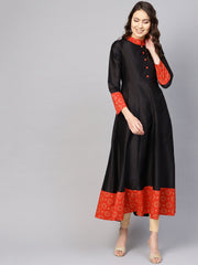 Women Black & Red Solid Midi Fit and Flare Dress