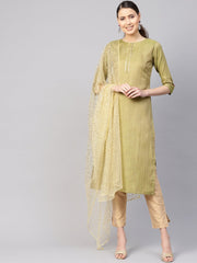 Women Green & Beige Solid Kurta with Trousers & Dupatta
