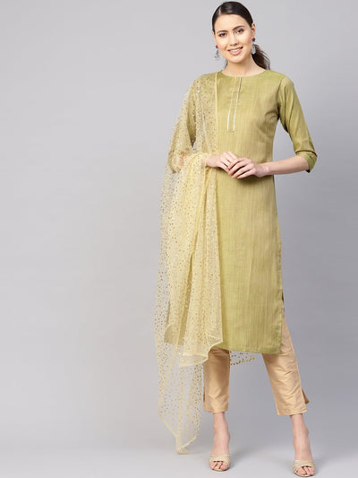 Women Green & Beige Solid Kurta with Trousers & Dupatta