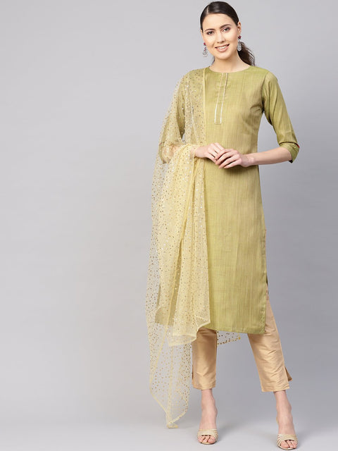 Women Green & Beige Solid Kurta with Trousers & Dupatta