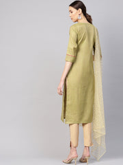 Women Green & Beige Solid Kurta with Trousers & Dupatta