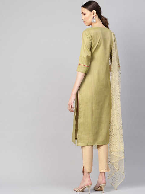 Women Green & Beige Solid Kurta with Trousers & Dupatta