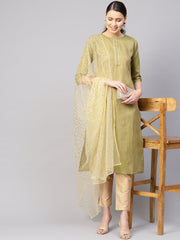 Women Green & Beige Solid Kurta with Trousers & Dupatta