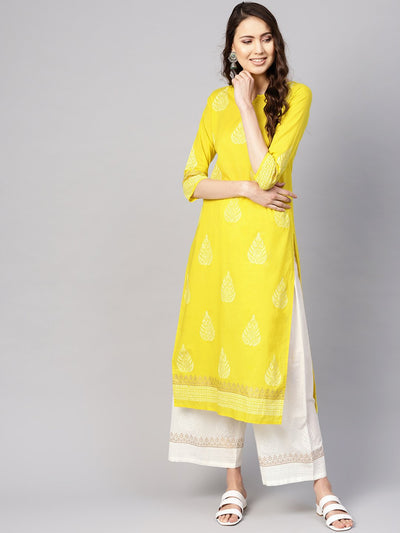 Women Yellow & White Printed Kurta with Palazzos