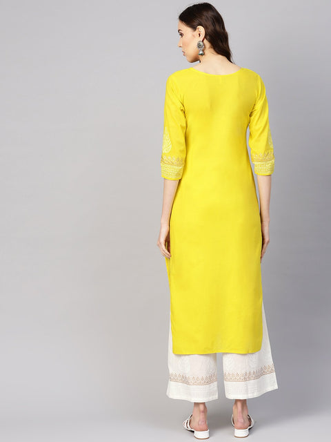 Women Yellow & White Printed Kurta with Palazzos