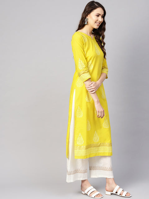 Women Yellow & White Printed Kurta with Palazzos