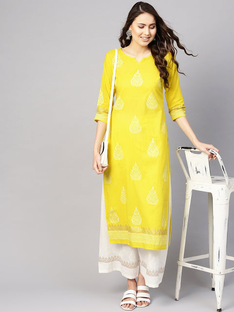 Women Yellow & White Printed Kurta with Palazzos