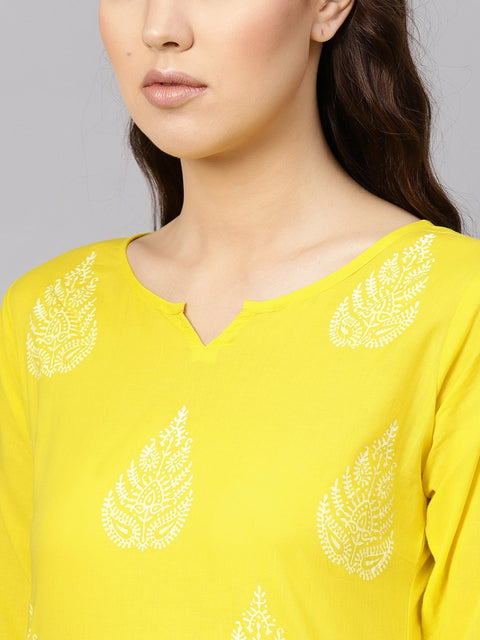 Women Yellow & White Printed Kurta with Palazzos