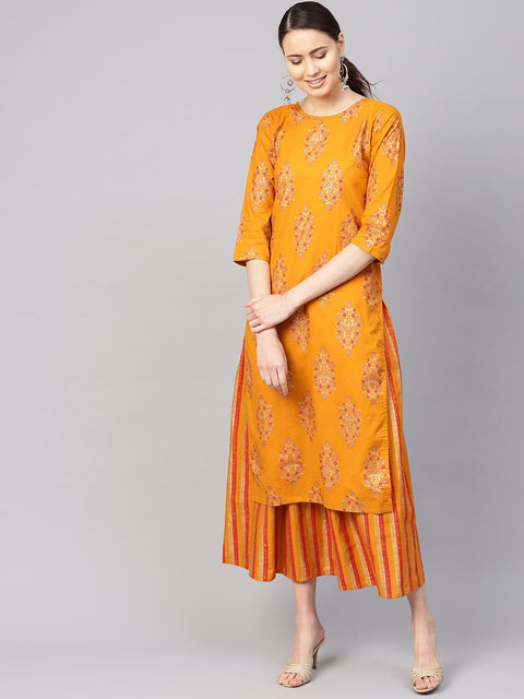 Women Mustard Yellow & Pink Printed Kurta with Skirt