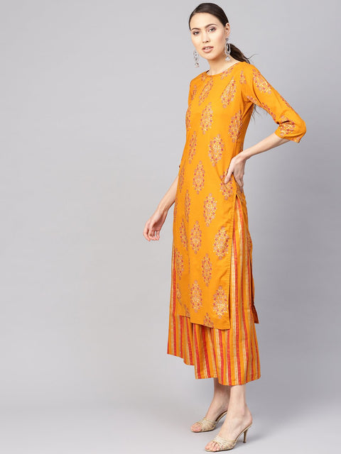 Women Mustard Yellow & Pink Printed Kurta with Skirt