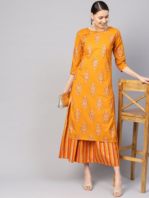 Women Mustard Yellow & Pink Printed Kurta with Skirt