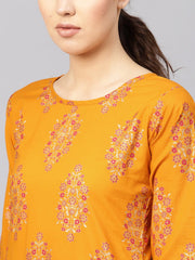 Women Mustard Yellow & Pink Printed Kurta with Skirt