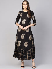 Women Black & Golden Printed Kurta with Skirt