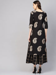 Women Black & Golden Printed Kurta with Skirt