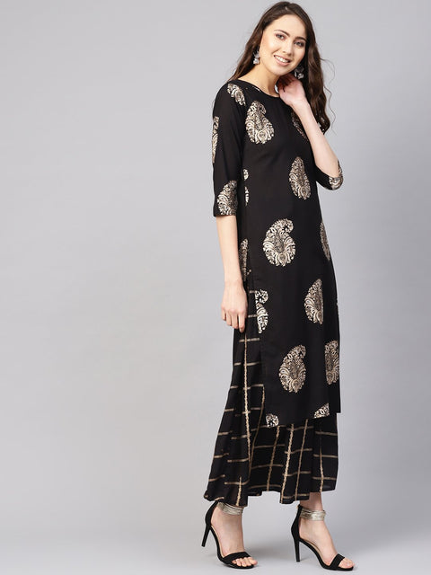 Women Black & Golden Printed Kurta with Skirt