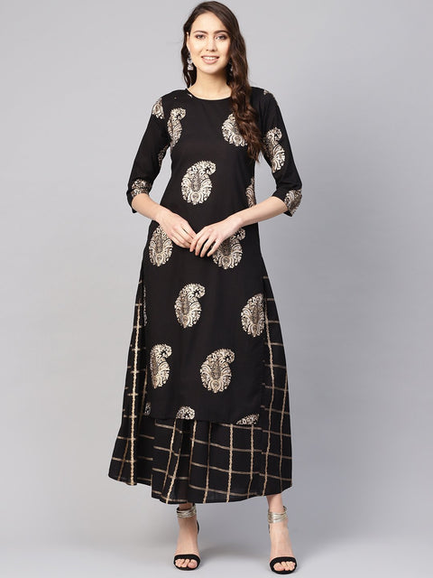 Women Black & Golden Printed Kurta with Skirt