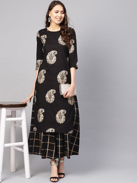 Women Black & Golden Printed Kurta with Skirt