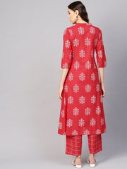 Women Red & White Printed Kurta with Trousers