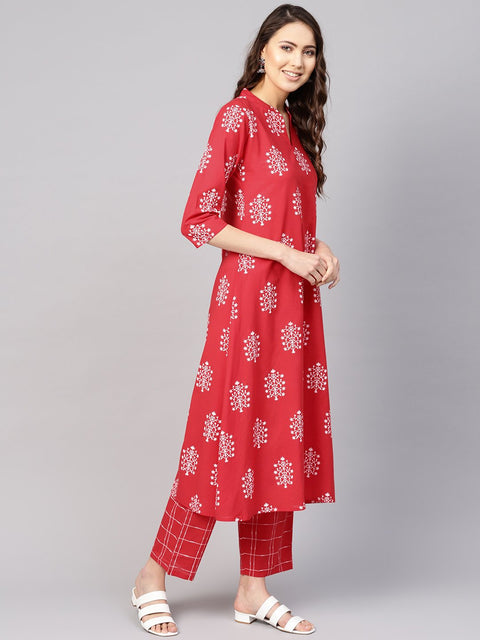 Women Red & White Printed Kurta with Trousers