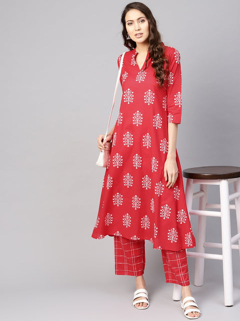 Women Red & White Printed Kurta with Trousers