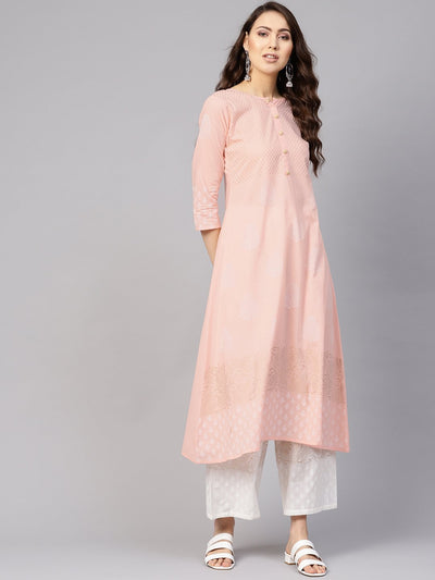 Women Peach-Coloured & White Block Print Kurta with Palazzos