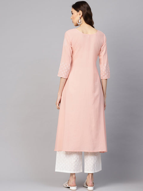Women Peach-Coloured & White Block Print Kurta with Palazzos