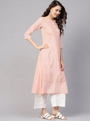 Women Peach-Coloured & White Block Print Kurta with Palazzos