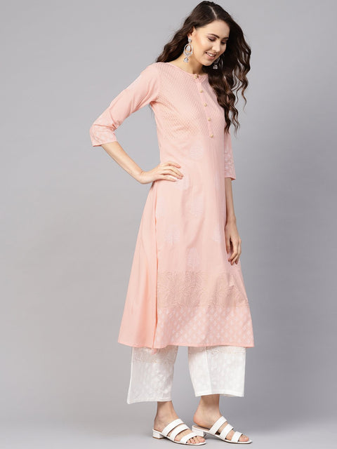 Women Peach-Coloured & White Block Print Kurta with Palazzos