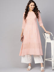 Women Peach-Coloured & White Block Print Kurta with Palazzos