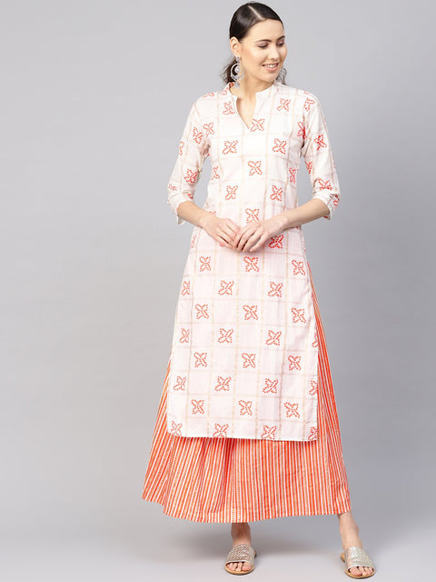 Women White & Orange Printed Kurta with Skirt