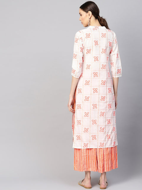 Women White & Orange Printed Kurta with Skirt