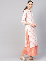 Women White & Orange Printed Kurta with Skirt