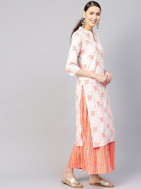 Women White & Orange Printed Kurta with Skirt