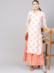 Women White & Orange Printed Kurta with Skirt