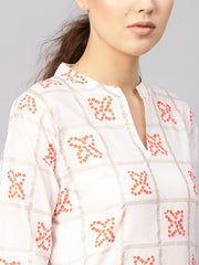 Women White & Orange Printed Kurta with Skirt
