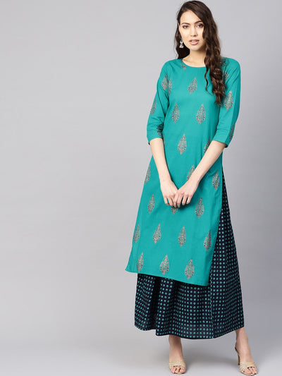 Women Green & Navy Blue Printed Kurta with Skirt