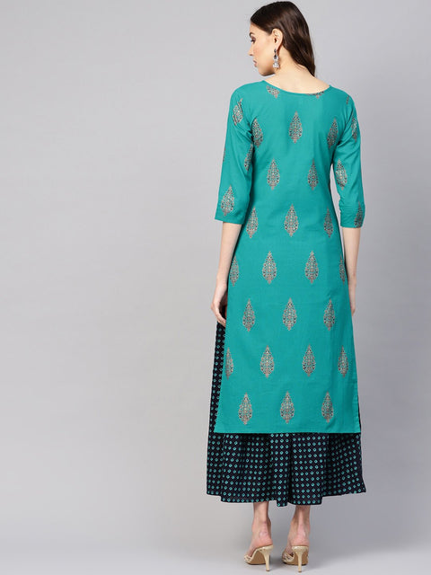 Women Green & Navy Blue Printed Kurta with Skirt