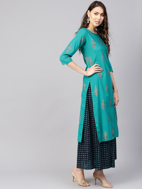Women Green & Navy Blue Printed Kurta with Skirt