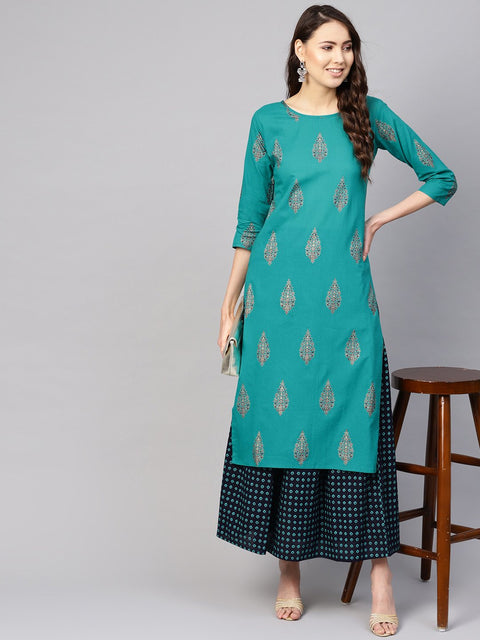 Women Green & Navy Blue Printed Kurta with Skirt