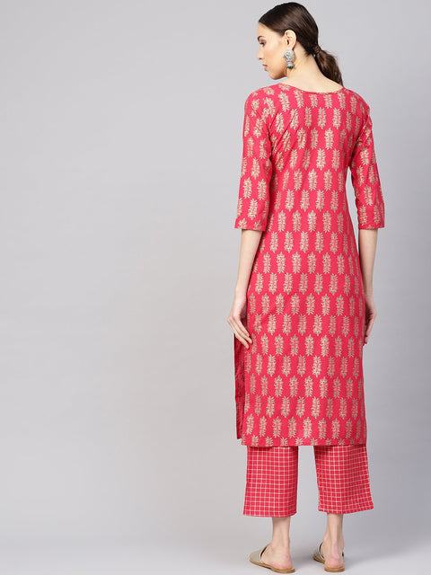 Women Red & Golden Printed Kurta with Trousers